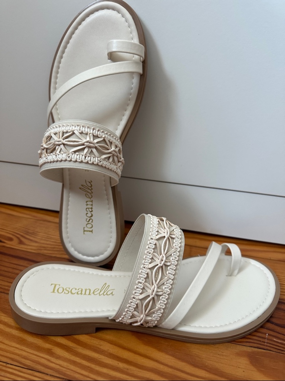 Toscanella Ivory Braided Toe-Loop Slide Sandals, cream flat sandals